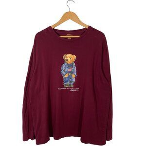 Polo Ralph Lauren Denim Polo Bear Long Sleeve Tee Maroon Men's size 2XL